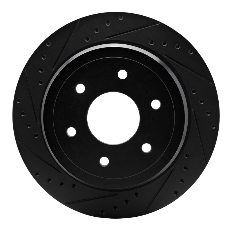 Picture of R1 16-24 Nissan Titan XD Rear Left Drilled & Slotted Black Brake Rotor