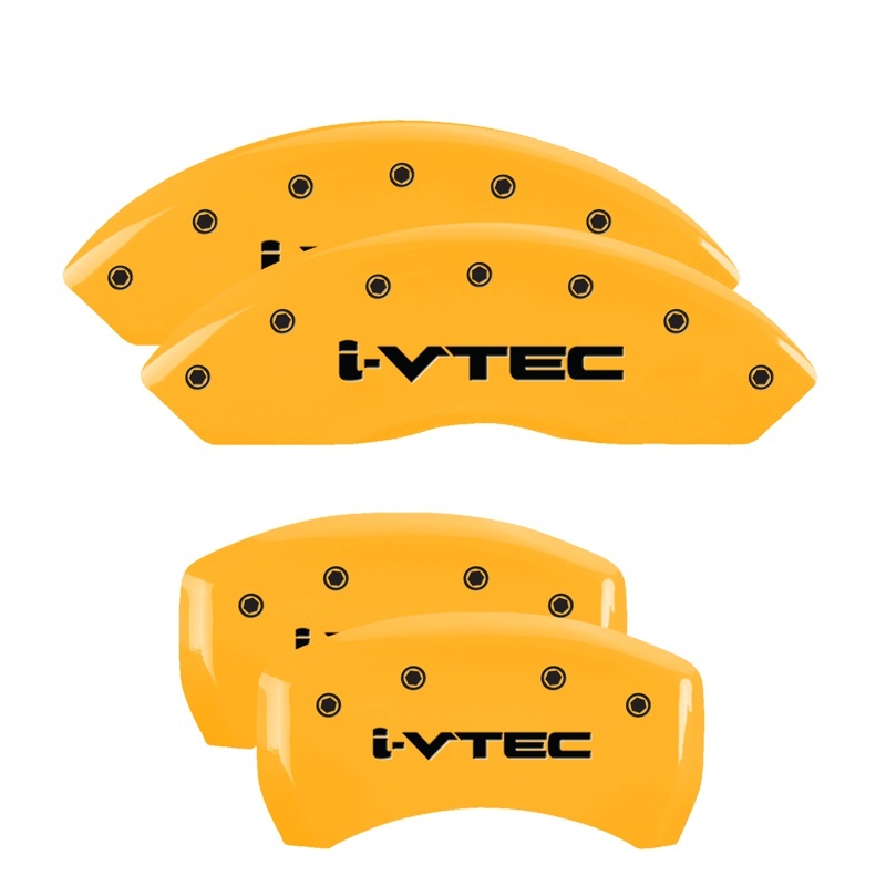 Picture of MGP 4 Caliper Covers Engraved Front & Rear I-Vtec Yellow Finish Black Char 2019 Acura RDX