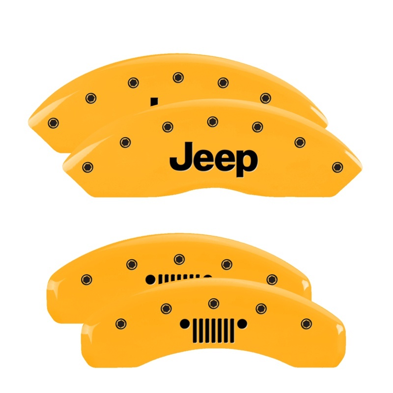 Picture of MGP 4 Caliper Covers Engraved Front Jeep Rear Grill Logo Yellow Finish Black Char 2004 Jeep Wrangler