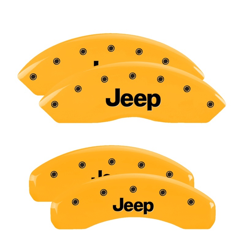 Picture of MGP 4 Caliper Covers Engraved Front & Rear Jeep Yellow Finish Black Char 2018 Jeep Wrangler