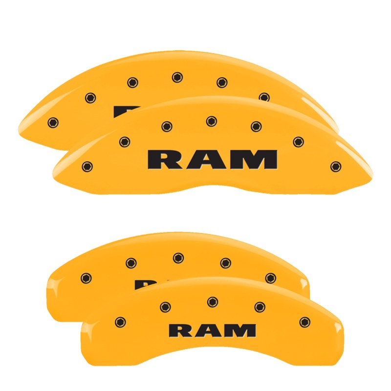 Picture of MGP 4 Caliper Covers Engraved Front & Rear Ram Yellow Finish Black Char 2019 Ram 1500