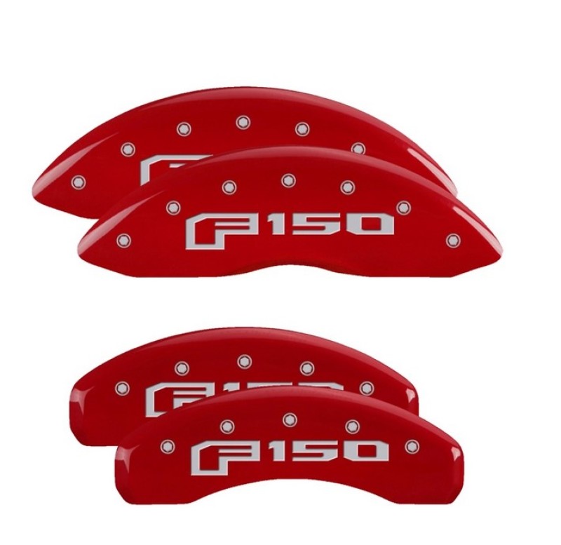 Picture of MGP 4 Caliper Covers Engraved Front & Rear F-150 Logo Red Finish Silver Char 2021 Ford F-150