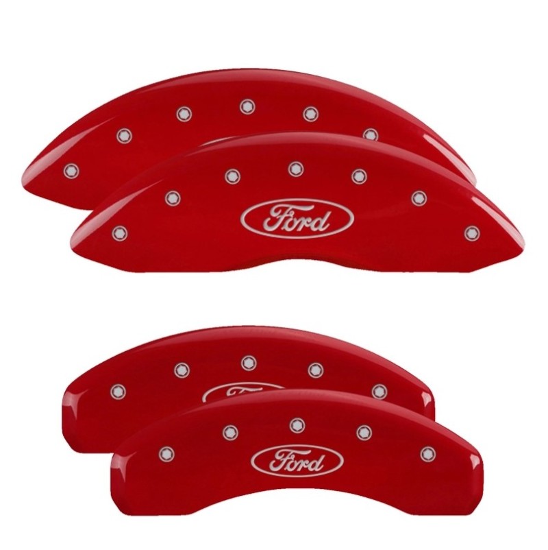 Picture of MGP 4 Caliper Covers Engraved Front & Rear Ford Oval Logo Red Finish Silver Char 2021 Ford F-150