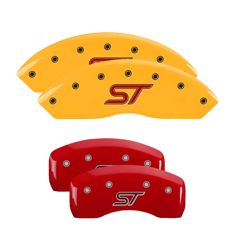 Picture of MGP 4 Caliper Covers Engraved Front & Rear ST Logo Red Finish Silver Char 2021 Ford Explorer