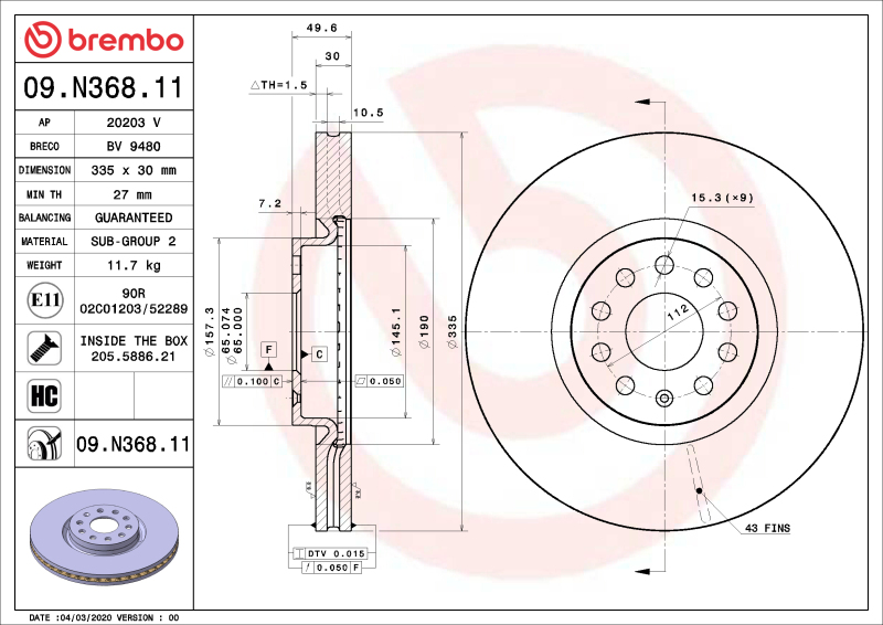 Picture of Brembo OE BRE UV Coated OE Equiv Rotors Brake Rotors - 09.N368.11
