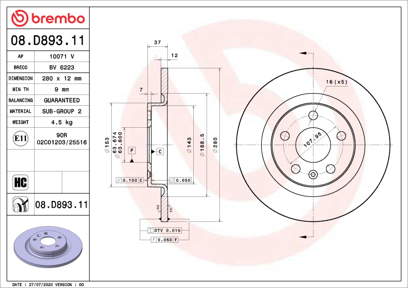 Picture of Brembo OE BRE UV Coated OE Equiv Rotors Brake Rotors - 08.D893.11