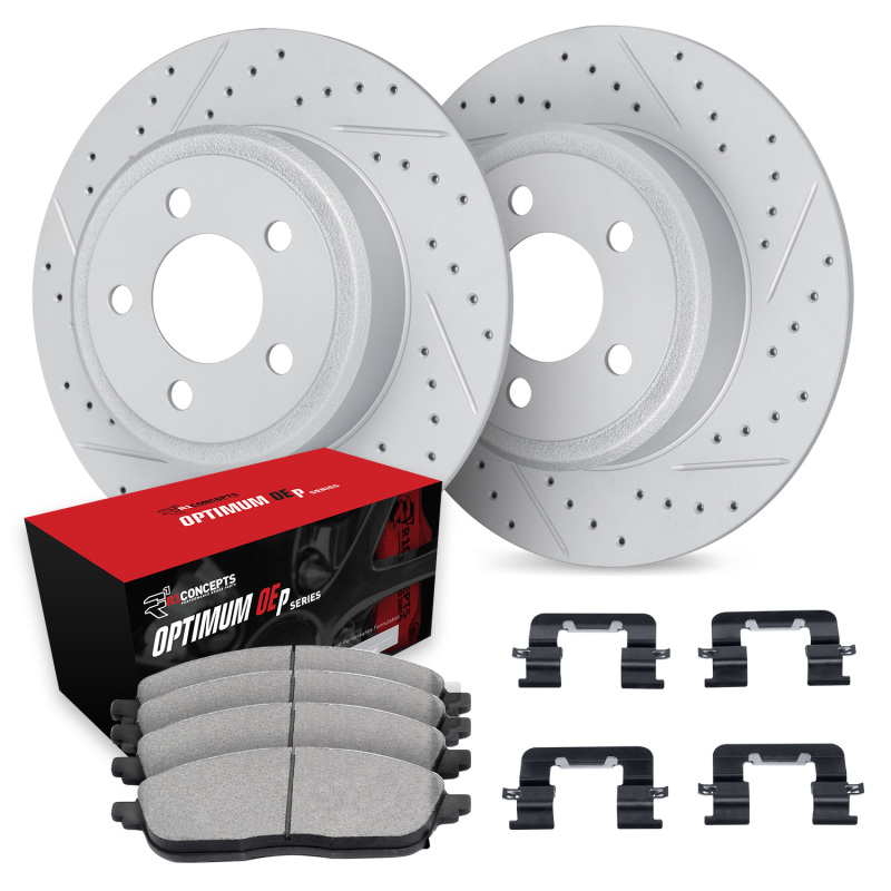Picture of R1 14-19 Hyundai Tucson Rear Drill/Slot Carbon Coated Rotor Set w/Optimum Pads