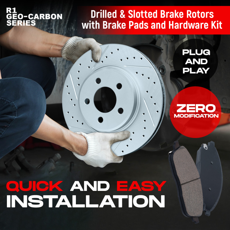 Picture of R1 16-20 Hyundai Sonata Rear Drill/Slot Carbon Coated Rotor Set w/Optimum Pads