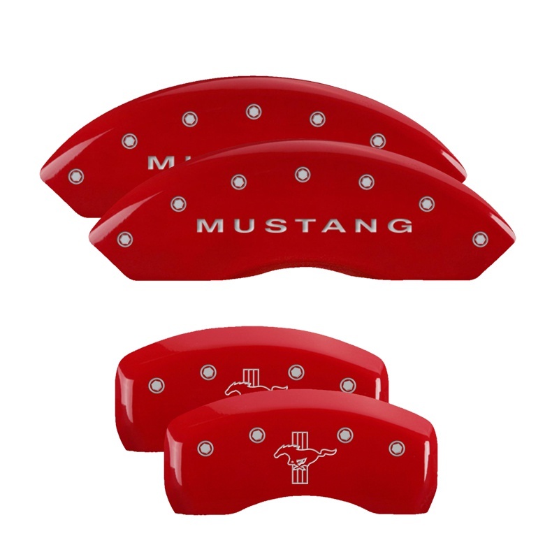 Picture of MGP 4 Caliper Covers Engraved Front Mustang Engraved Rear Bar & Pony Red finish silver ch