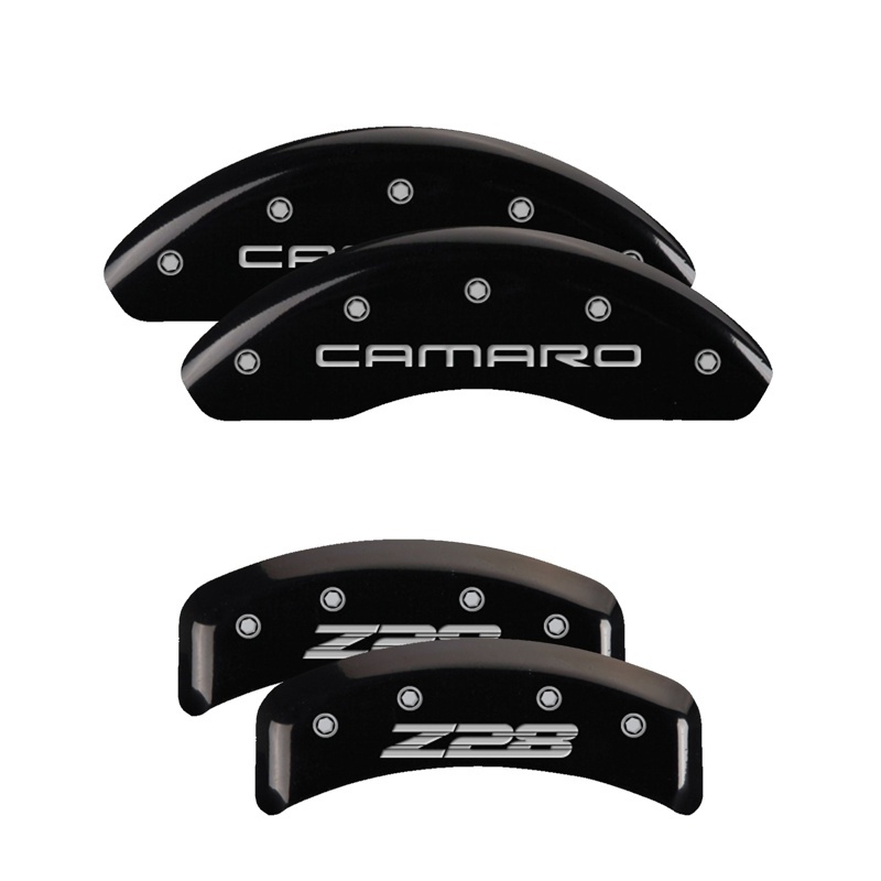 Picture of MGP 4 Caliper Covers Engraved Front Gen 4/Camaro Engraved Rear Gen 4/Z28 Black finish silver ch