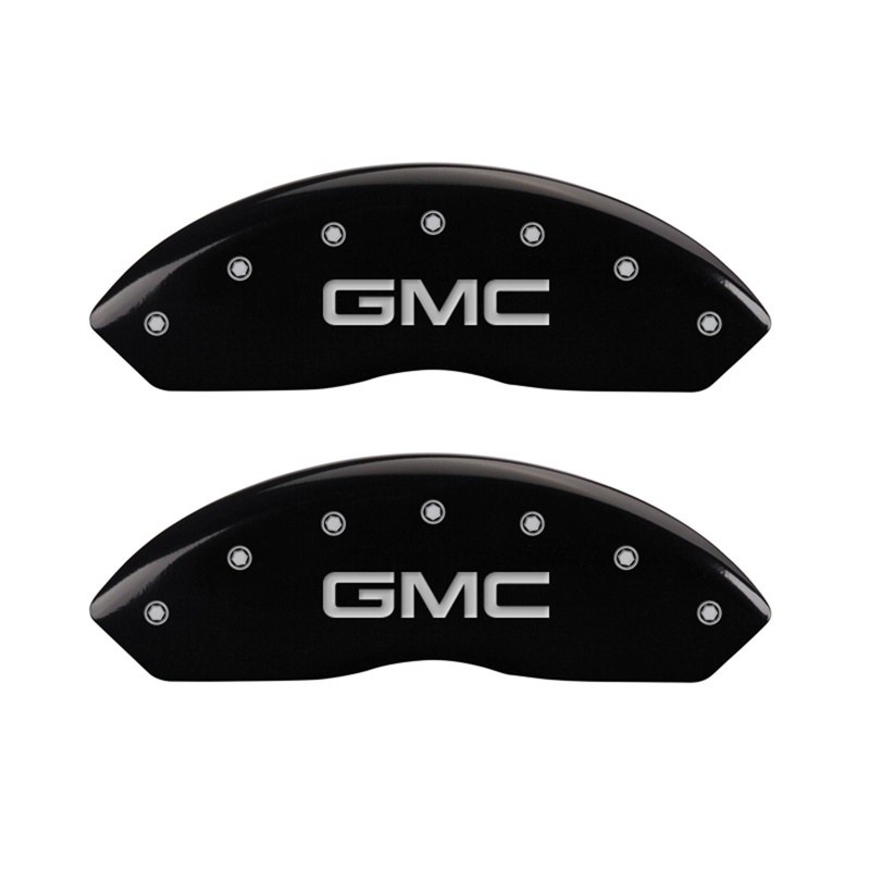 Picture of MGP Front set 2 Caliper Covers Engraved Front GMC Black finish silver ch