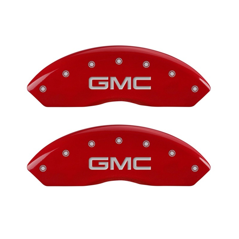 Picture of MGP Front set 2 Caliper Covers Engraved Front GMC Red finish silver ch