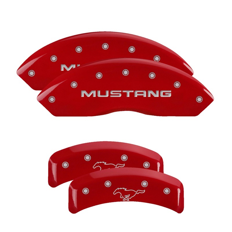 Picture of MGP 4 Caliper Covers Engraved Front Mustang Engraved Rear Pony Red finish silver ch