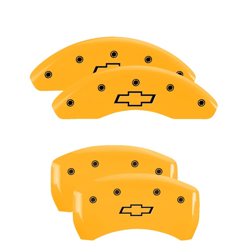 Picture of MGP 4 Caliper Covers Engraved Front & Rear Bowtie Yellow finish black ch