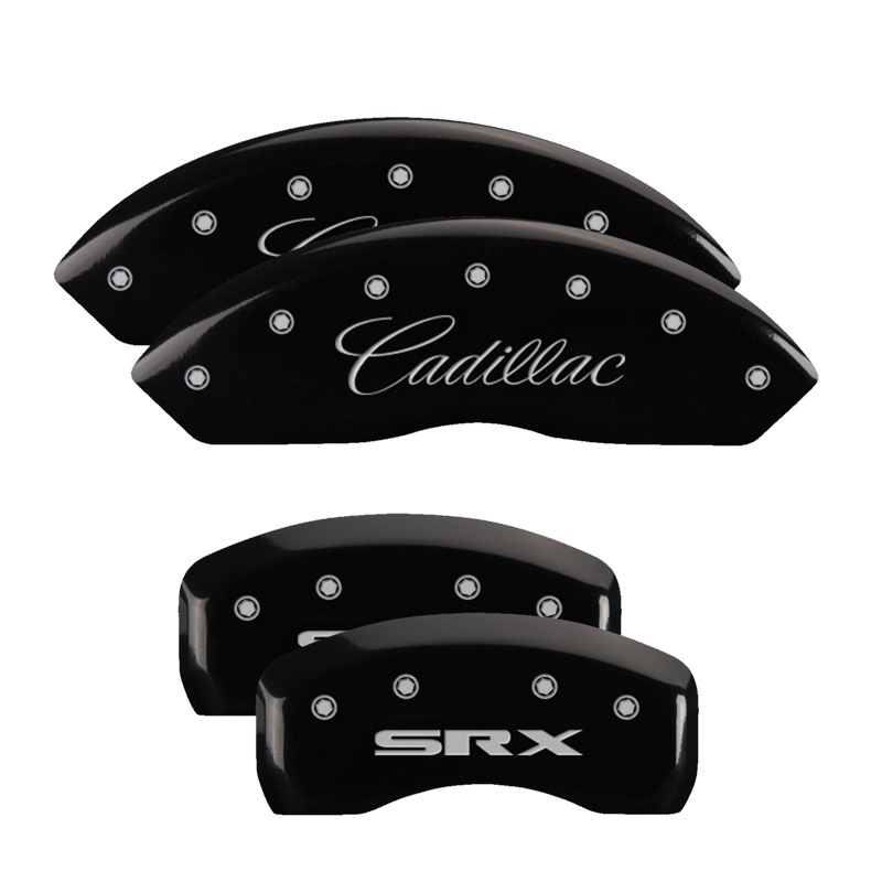Picture of MGP 4 Caliper Covers Engraved Front Cursive/Cadillac Engraved Rear SRX Black finish silver ch