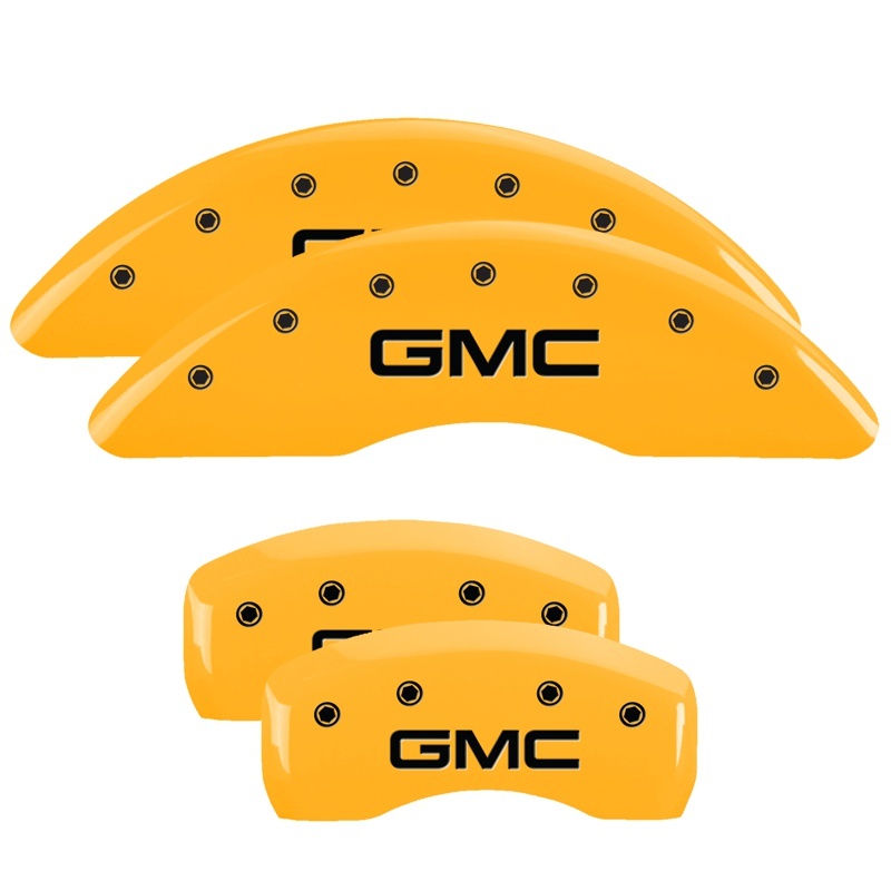 Picture of MGP 4 Caliper Covers Engraved Front & Rear GMC Yellow finish black ch