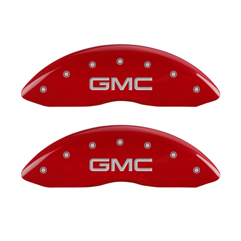 Picture of MGP Front set 2 Caliper Covers Engraved Front GMC Red finish silver ch