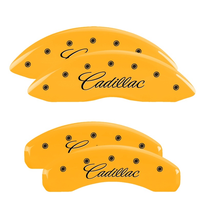 Picture of MGP 4 Caliper Covers Engraved Front & Rear Cursive/Cadillac Yellow finish black ch