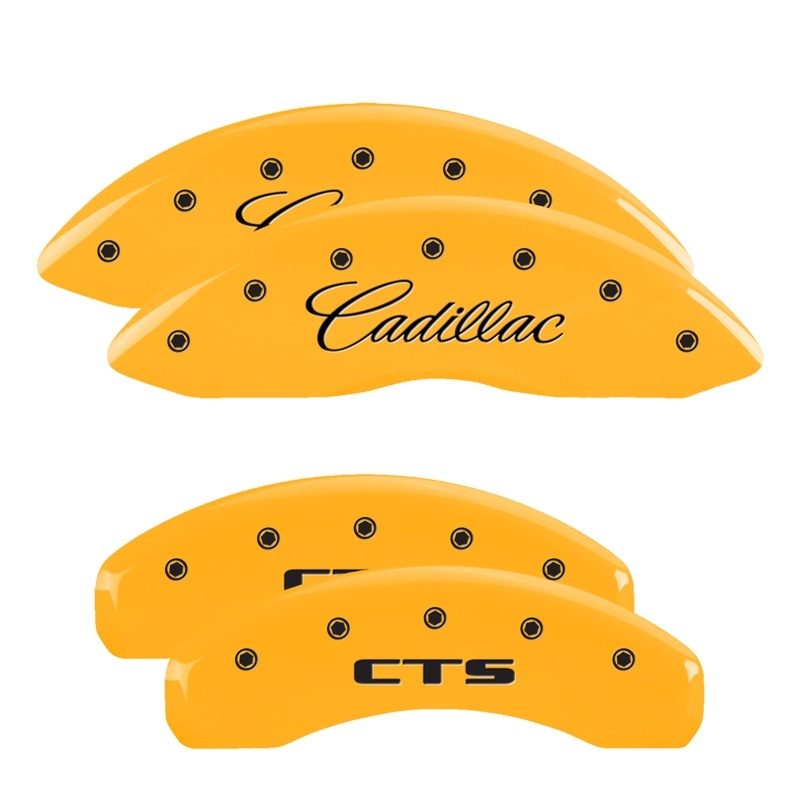 Picture of MGP 4 Caliper Covers Engraved Front Cursive/Cadillac Engraved Rear CTS Yellow finish black ch