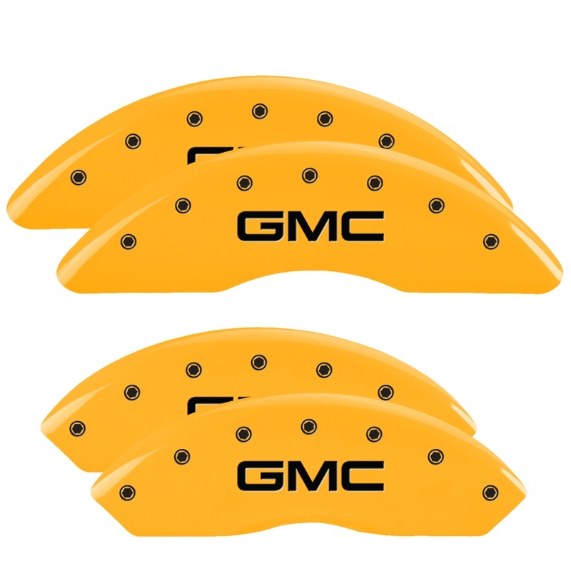 Picture of MGP 4 Caliper Covers Engraved Front & Rear GMC Yellow finish black ch