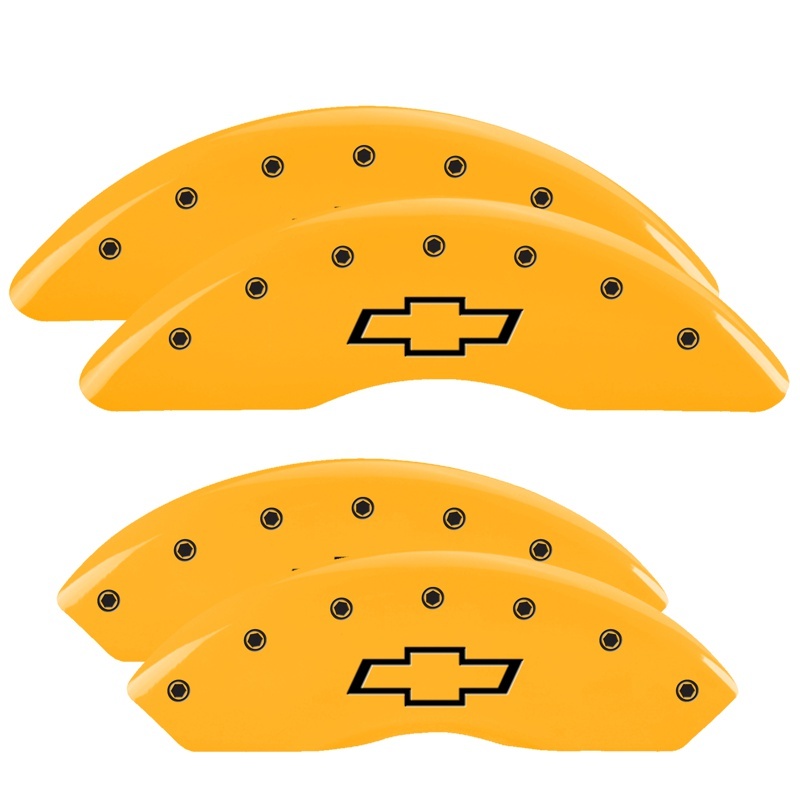 Picture of MGP 4 Caliper Covers Engraved Front & Rear Bowtie Yellow finish black ch