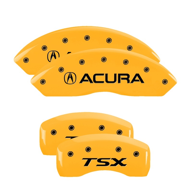 Picture of MGP 4 Caliper Covers Engraved Front Acura Engraved Rear TSX Yellow finish black ch
