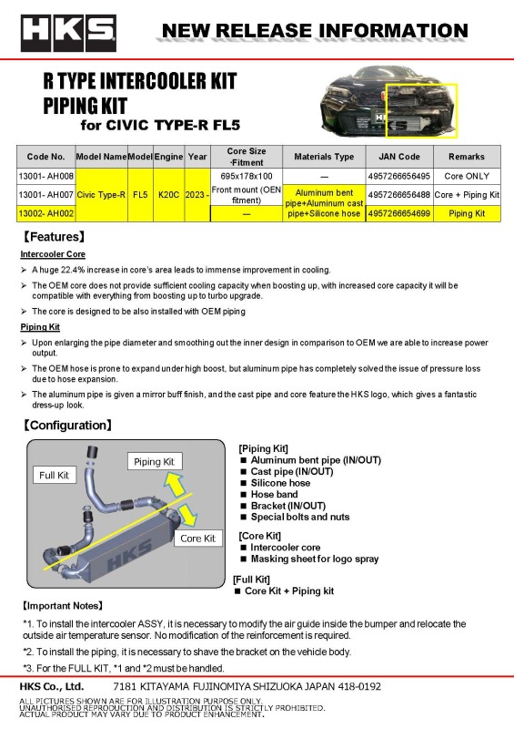 Picture of HKS Intercooler Piping Intercooler Pipe Kits - 13002-AH002