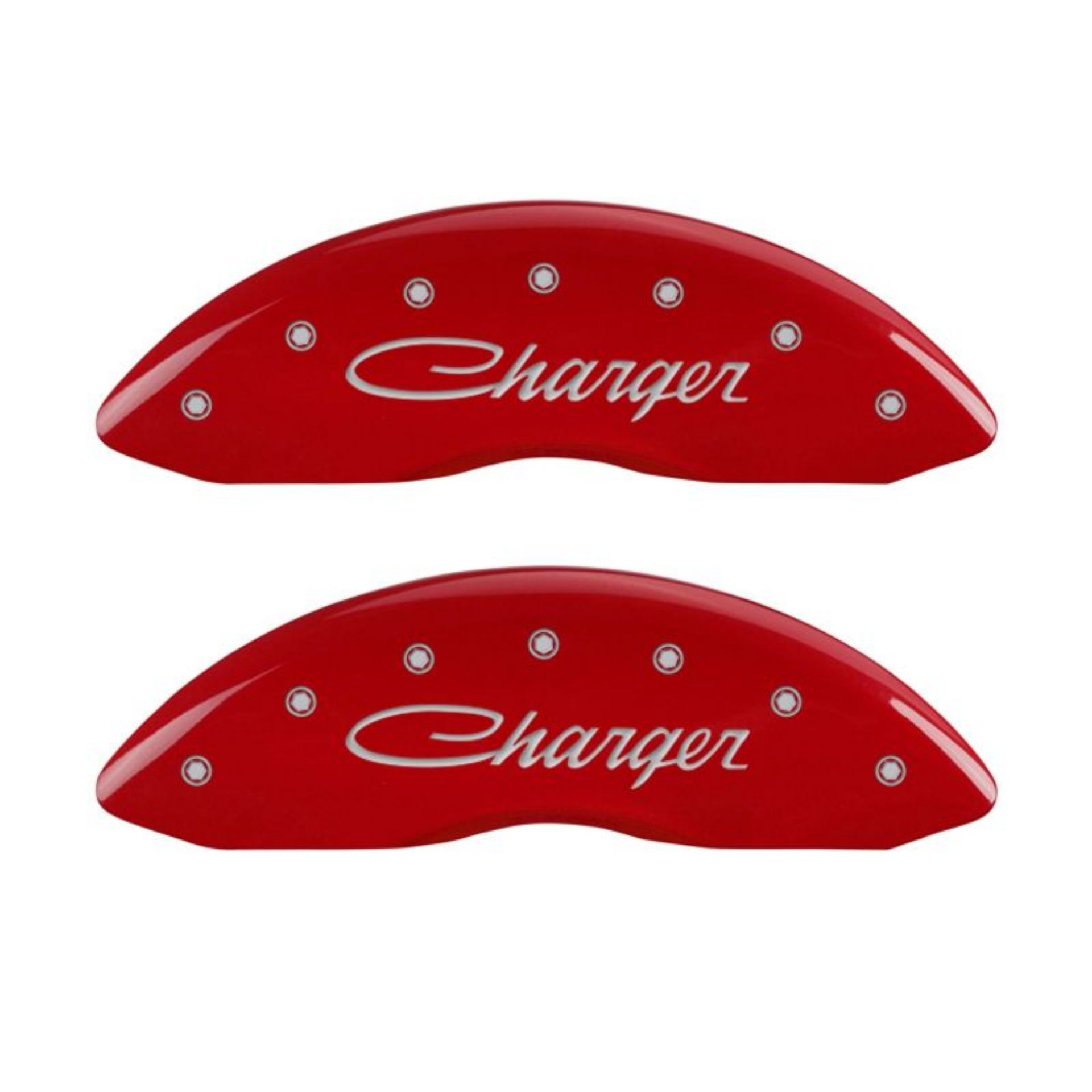Picture of MGP 4 Caliper Covers Engraved Front & Rear Cursive-Charger Red finish silver ch