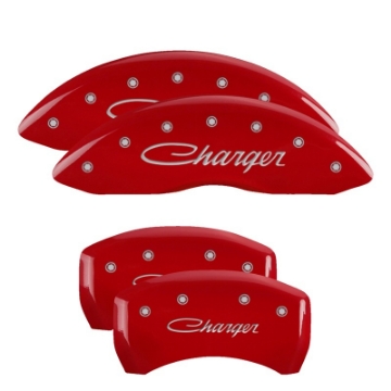 Picture of MGP 4 Caliper Covers Engraved Front & Rear Cursive-Charger Red finish silver ch
