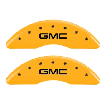 Picture of MGP 4 Caliper Covers Engraved Front & Rear GMC Yellow finish black ch