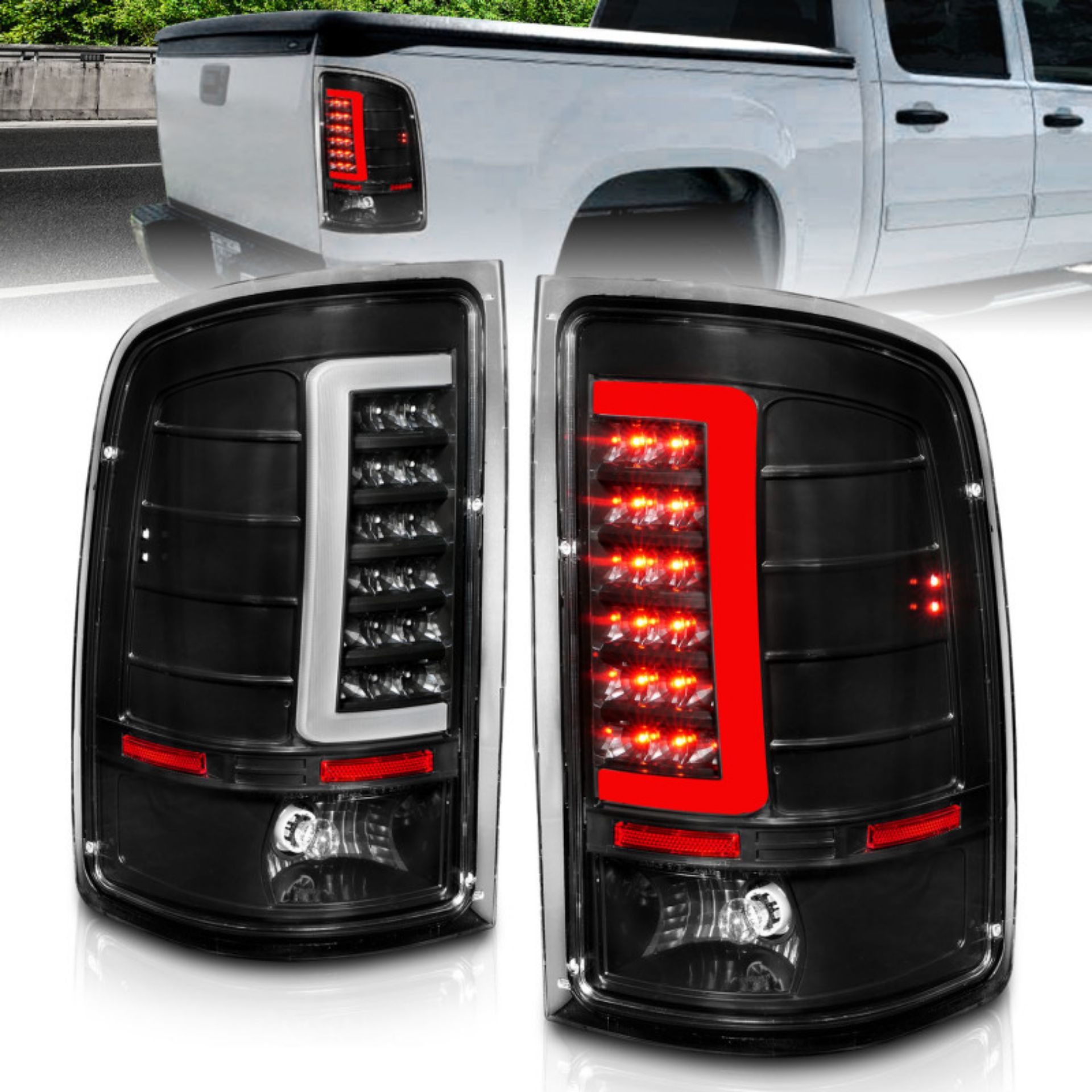 Picture of ANZO 2007-2013 GMC Sierra LED Tail Lights w/ Light Bar Black Housing Clear Lens
