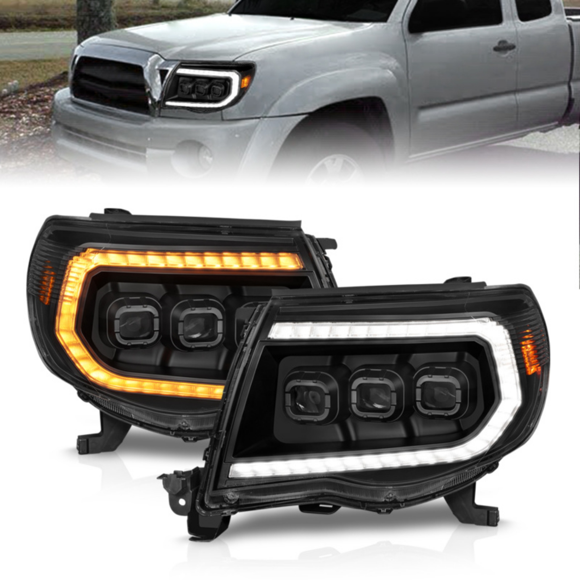 Picture of ANZO 05-11 Toyota Tacoma Full Proj Headlights w/Lght Bar Swchbk Seq. Blk. Housing w/Initiation Light