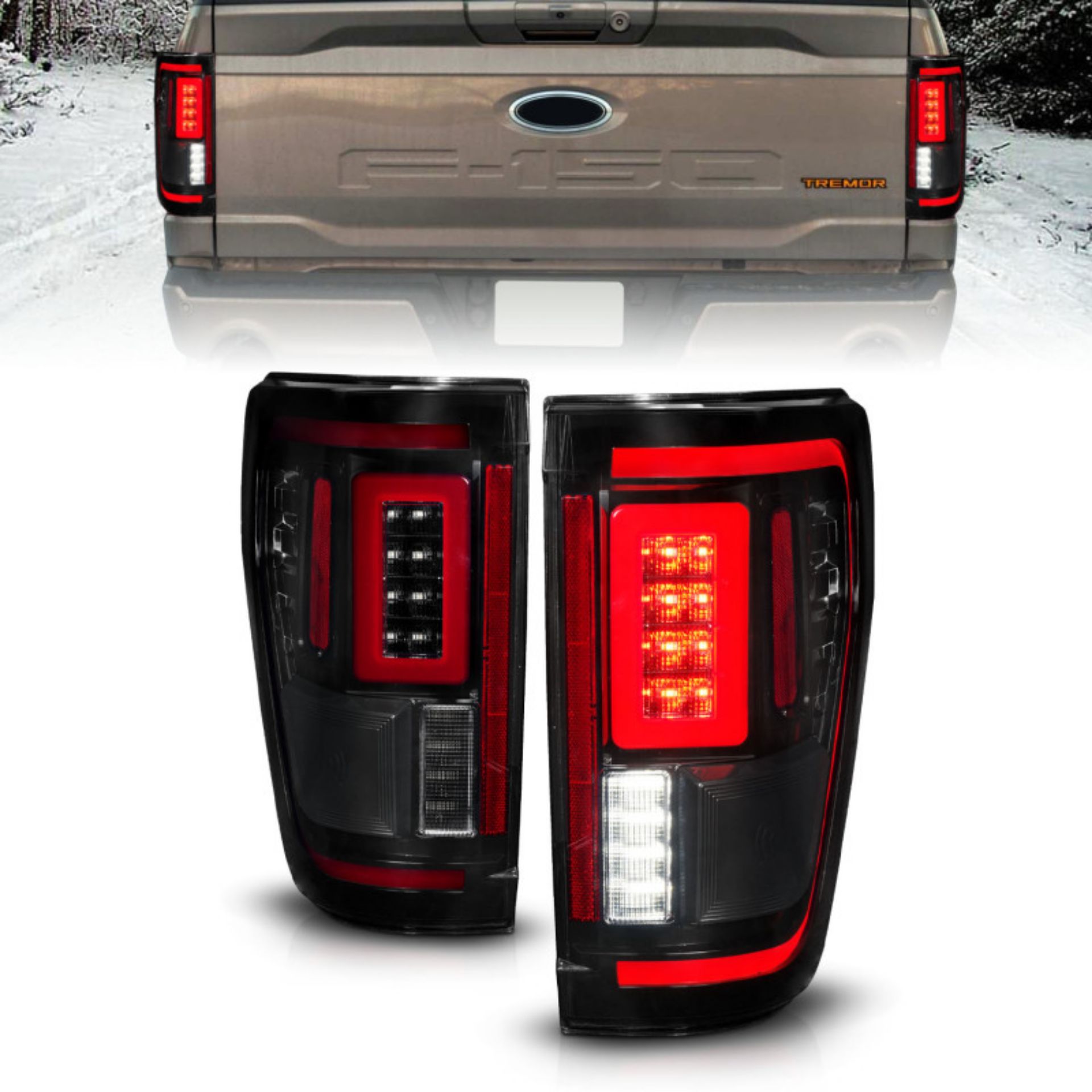 Picture of ANZO 21-23 Ford F-150 LED Taillights Seq- Signal w-BLIS Cover - Smoke Blk For Factory Halogen ONLY