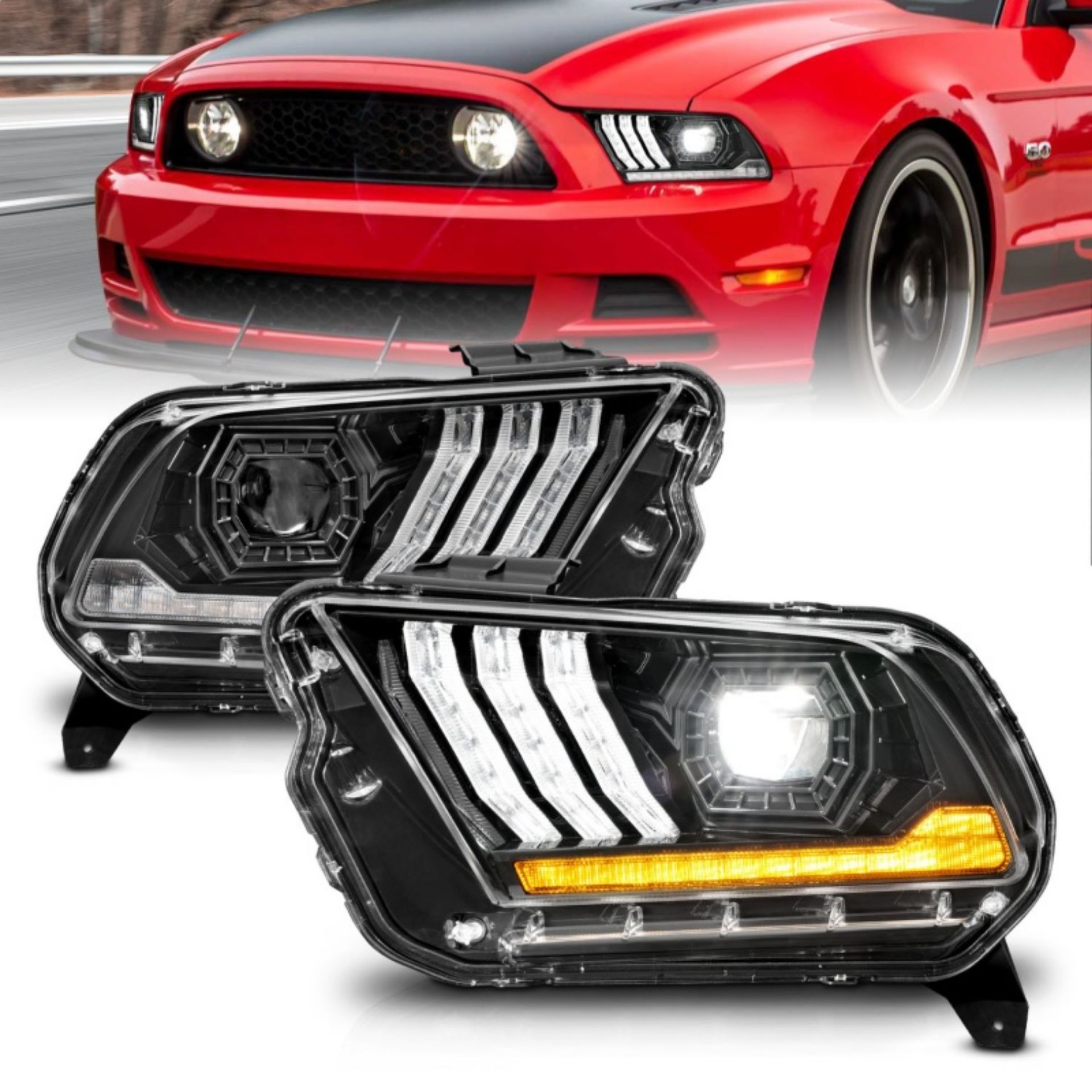Picture of ANZO 13-14 Ford Mustang w- Factory HID-Xenon HL only Projector Headlights w-Light Bar Black