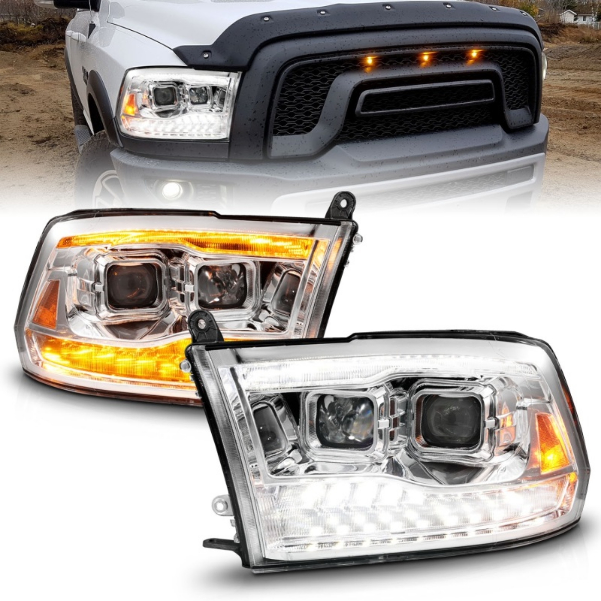 Picture of ANZO 09-18 Dodge Ram 1500-2500-3500 Proj HL Headlights Switchback + Sequential - Chrome Amber