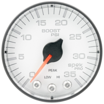 Picture of Autometer Spek-Pro 2 1-16in 35PSI Stepper Motor W-Peak & Warn White-Black Boost Gauge