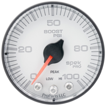 Picture of Autometer Spek-Pro 2 1-16in 100PSI Stepper Motor W-Peak & Warn White-Black Boost Gauge