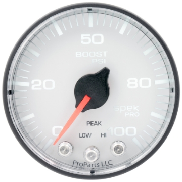 Picture of Autometer Spek-Pro 2 1-16in 100PSI Stepper Motor W-Peak & Warn White-Black Boost Gauge