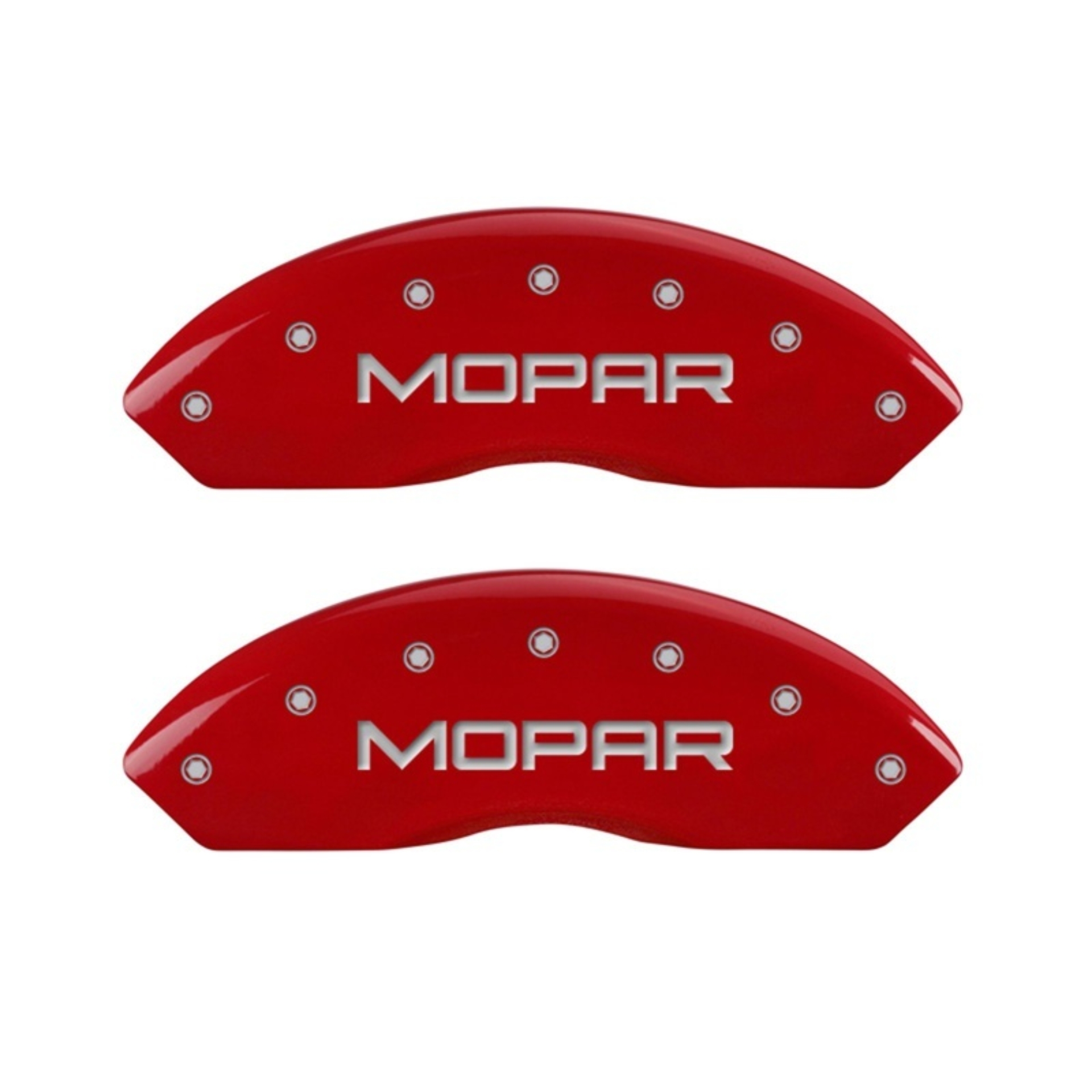 Picture of MGP Front set 2 Caliper Covers Engraved Front MOPAR Red finish silver ch