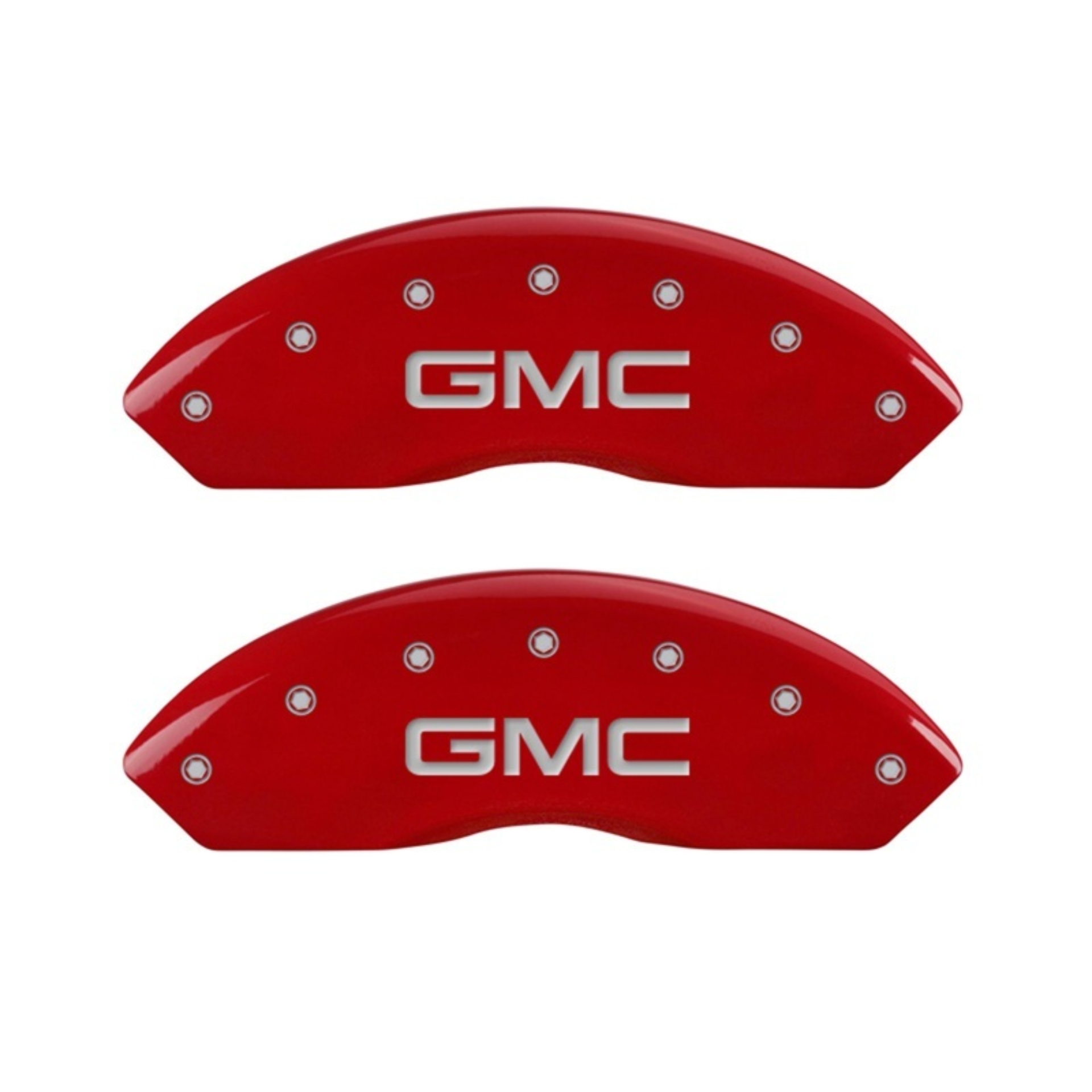 Picture of MGP Front set 2 Caliper Covers Engraved Front GMC Red finish silver ch