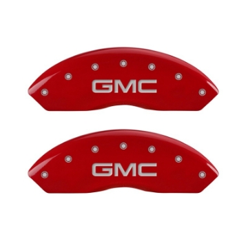 Picture of MGP Front set 2 Caliper Covers Engraved Front GMC Red finish silver ch