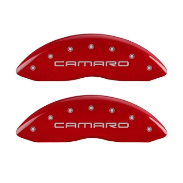 Picture of MGP 4 Caliper Covers Engraved Front Gen 4-Camaro Engraved Rear Gen 4-Z28 Red finish silver ch