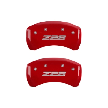 Picture of MGP 4 Caliper Covers Engraved Front Gen 4-Camaro Engraved Rear Gen 4-Z28 Red finish silver ch