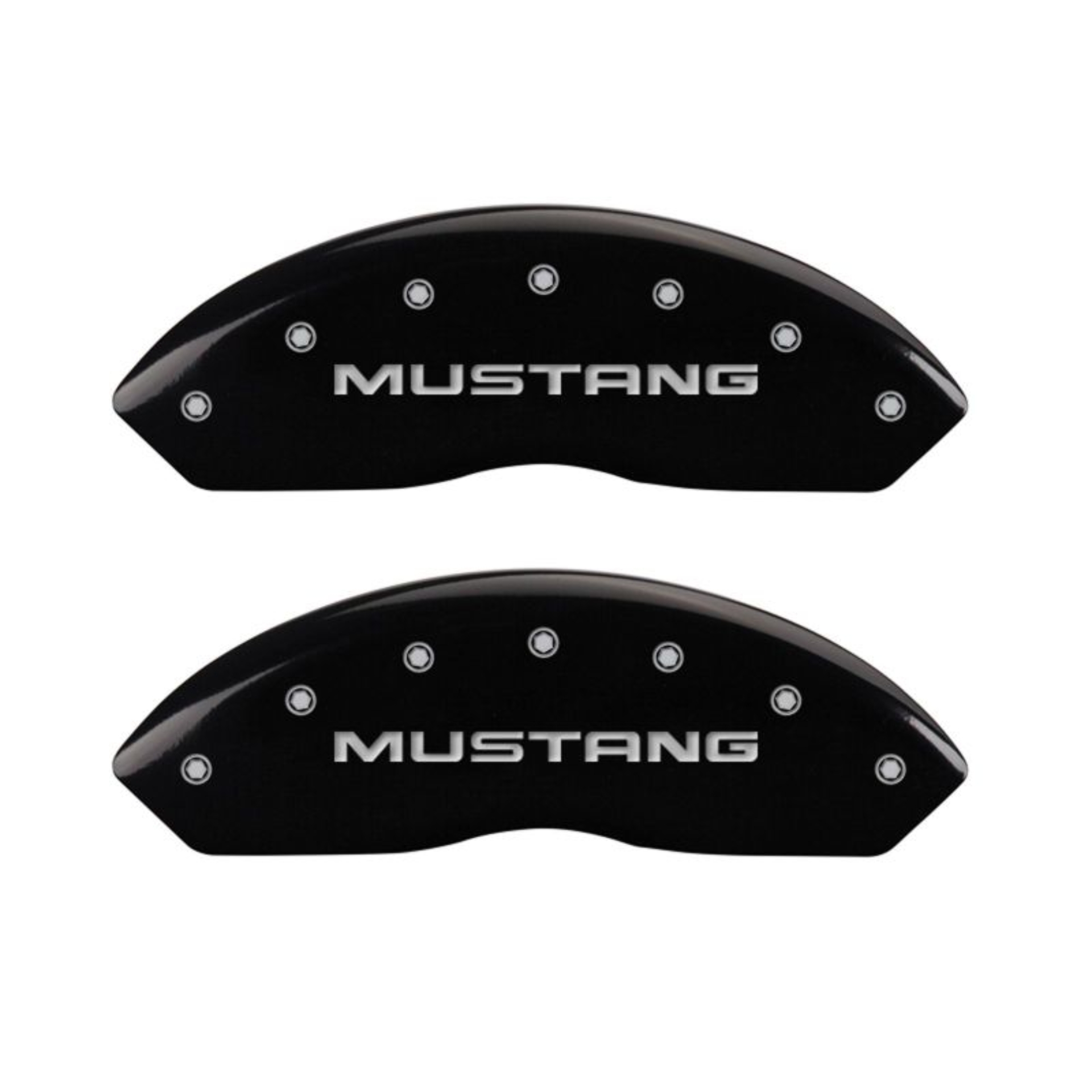 Picture of MGP 4 Caliper Covers Engraved Front Mustang Engraved Rear Pony Black finish silver ch