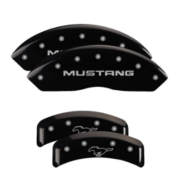 Picture of MGP 4 Caliper Covers Engraved Front Mustang Engraved Rear Pony Black finish silver ch