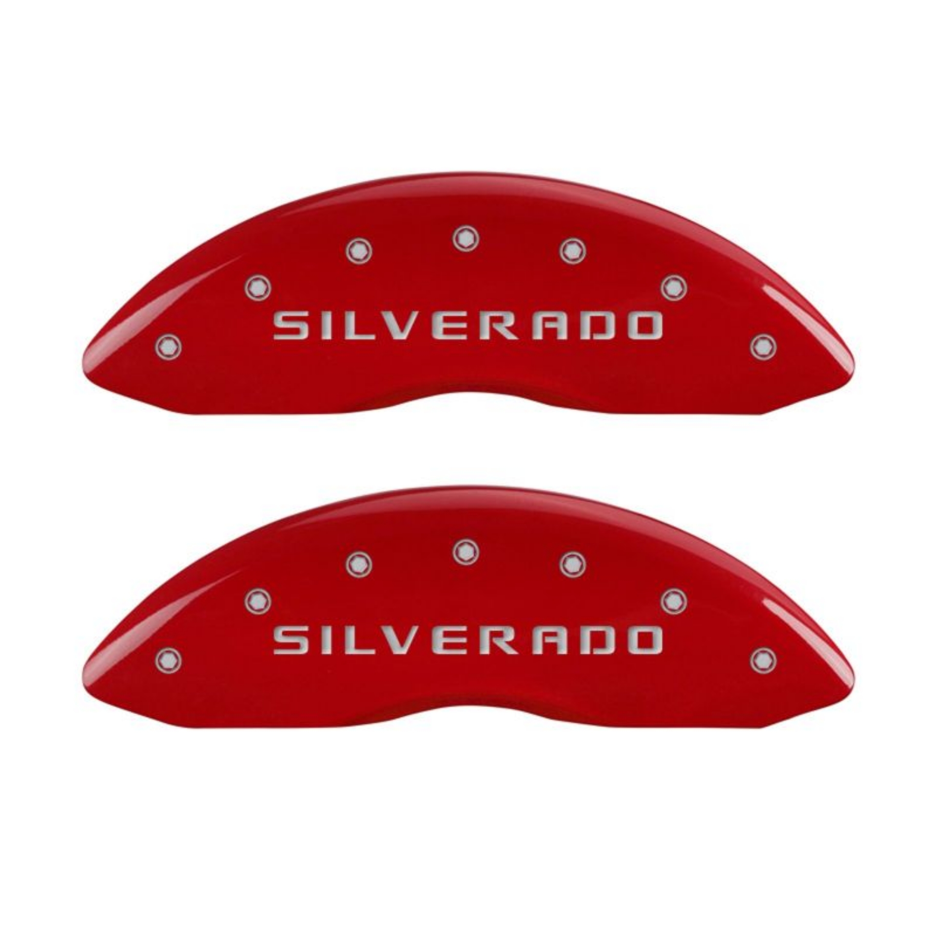 Picture of MGP 4 Caliper Covers Engraved Front & Rear Silverado Red finish silver ch