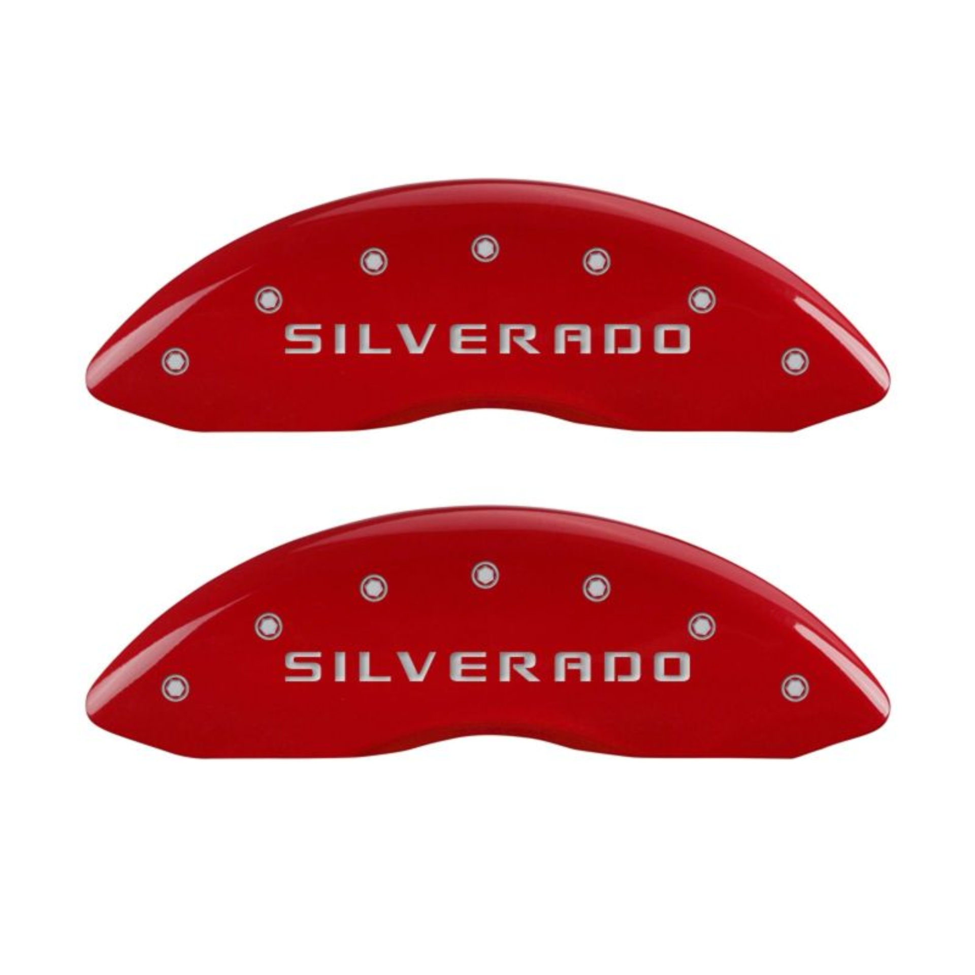 Picture of MGP 4 Caliper Covers Engraved Front & Rear Silverado Red finish silver ch