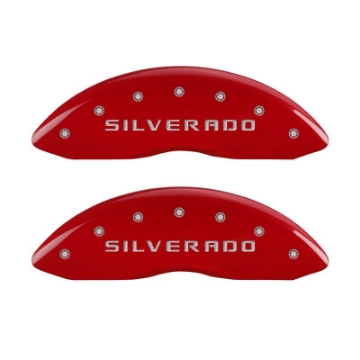 Picture of MGP 4 Caliper Covers Engraved Front & Rear Silverado Red finish silver ch