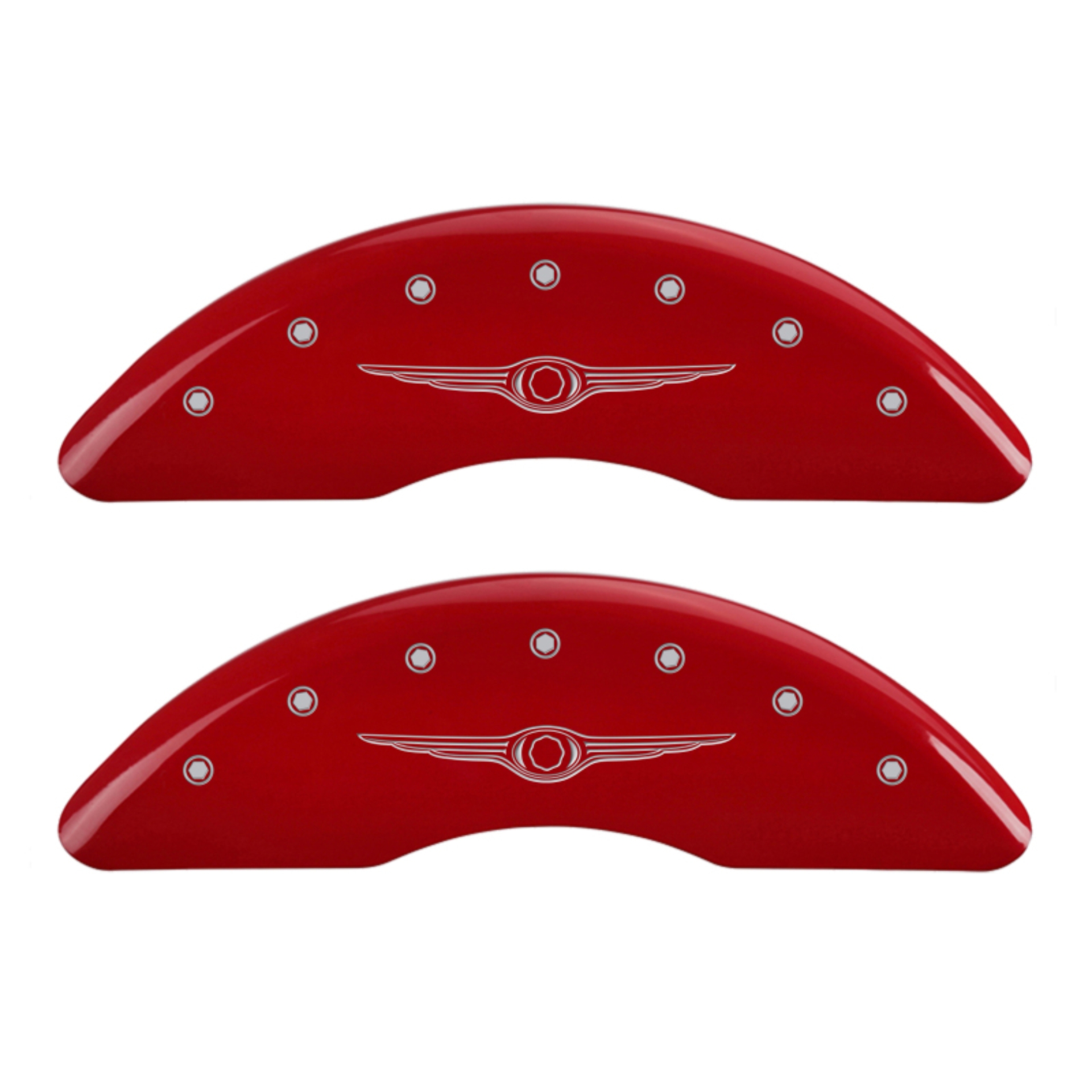 Picture of MGP 4 Caliper Covers Engraved Front & Rear Style 1-Chrysler Wing Red finish silver ch