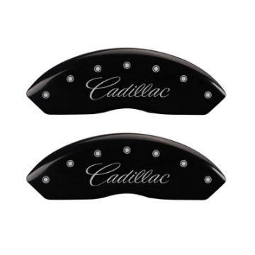 Picture of MGP 4 Caliper Covers Engraved Front Cursive-Cadillac Engraved Rear SRX Black finish silver ch